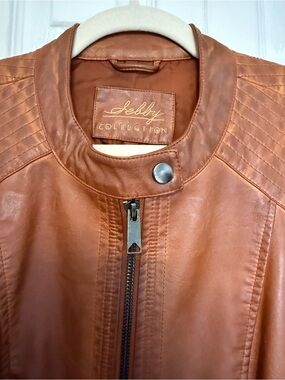 Women's Tan Leather Moto Jacket with Quilted Shoulders knit detail sides